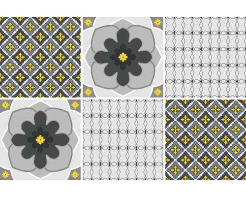 Klebefolie Fliesen Venilia Opus gelb grau 15x15 cm 6 Stk. Illustration von sechs Fliesenmustern mit geometrischen und floralen Motiven