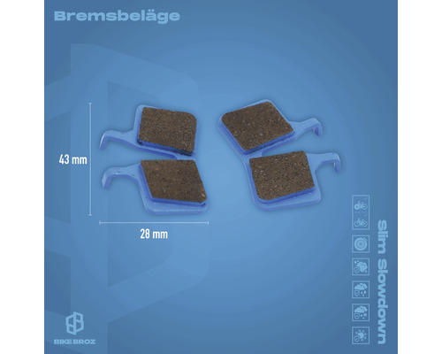 Vier Bremsbeläge für Fahrräder, Abmessungen 43 mm mal 28 mm
