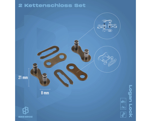 Zwei Kettenschloss Sets mit einer Länge von 21 Millimetern und einer Breite von 8 Millimetern.
