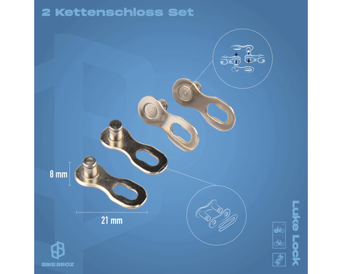 Zwei Kettenschlösser Set mit den Maßen 8 mm und 21 mm.