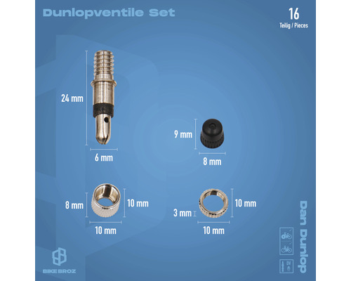 Dunlopventil Set, 16-teilig, mit Maßen