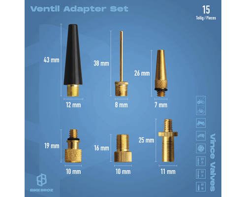 Ventiladapter Set, 15-teilig, mit verschiedenen Adaptern zur Anpassung an unterschiedliche Ventiltypen