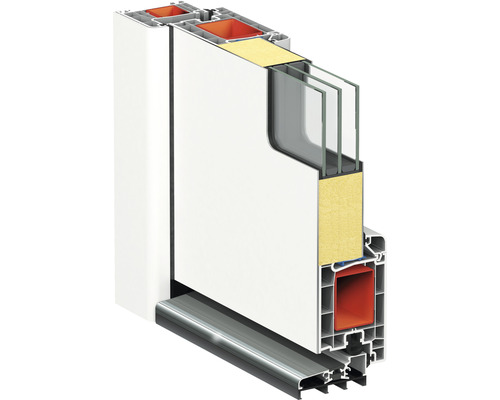 Schnittansicht eines Fensterrahmens mit Mehrfachverglasung und Isolierung