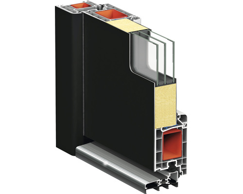 Querschnitt einer Fensterkonstruktion mit Mehrfachverglasung und Dämmmaterial