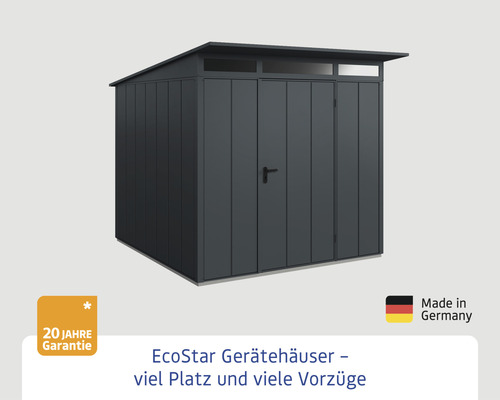 Gerätehaus aus Metall mit Flachdach und Tür