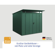 Gerätehaus aus Metall mit Flachdach und Tür