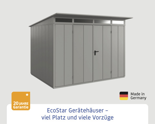 Graues Gerätehaus mit Doppeltür und Oberlicht