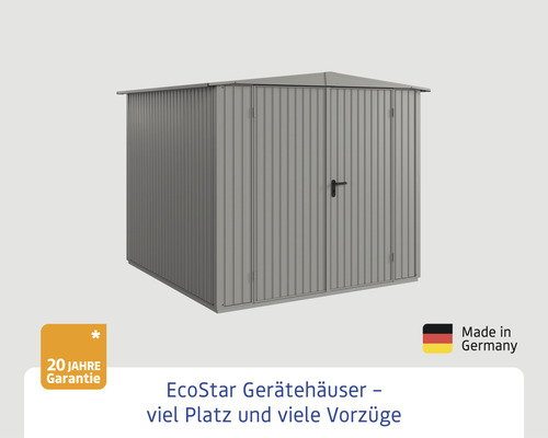 EcoStar Gerätehaus aus Metall mit 20 Jahre Garantie und Made in Germany Siegel