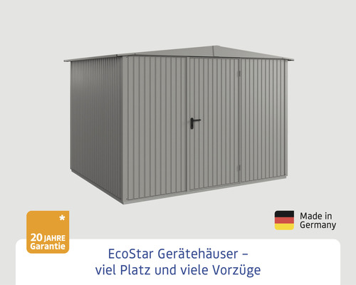 Gerätehaus aus Metall mit Doppeltür und zwanzig Jahre Garantie