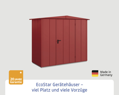 Gerätehaus aus Metall mit Satteldach und Tür