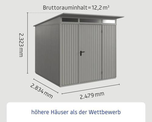Metall Gerätehaus mit den Maßen 2323 mm Höhe, 2834 mm Breite und 2479 mm Tiefe