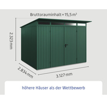 Metall Gerätehaus mit den Maßen 2323 mm Höhe, 2834 mm Breite und 3127 mm Länge