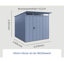 Gartenschrank mit den Maßen 2323 Millimeter Höhe, 2834 Millimeter Tiefe und 2479 Millimeter Breite