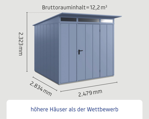 Gartenschrank mit den Maßen 2323 Millimeter Höhe, 2834 Millimeter Tiefe und 2479 Millimeter Breite