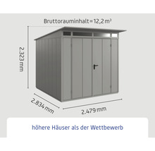 Metall Gerätehaus mit Maßangaben: 2,323 mm Höhe, 2,834 mm Breite und 2,479 mm Tiefe. Bruttorauminhalt beträgt 12,2 Kubikmeter.