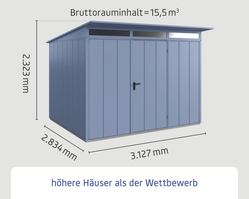 Geräteschuppen mit den Maßen 2323 mm Höhe, 2834 mm Tiefe und 3127 mm Breite
