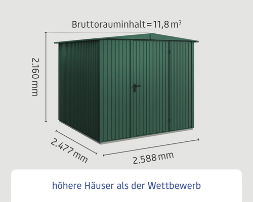 Abmessungen eines grünen Gerätehauses mit Tür