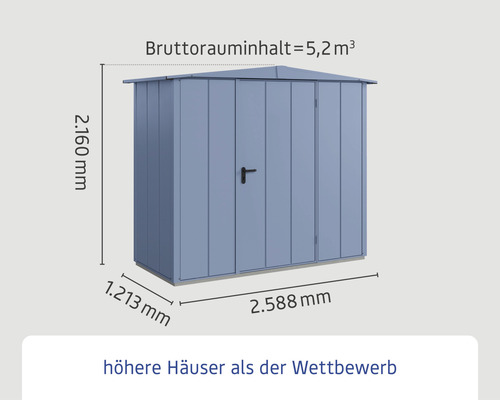 Metall Gartenhaus mit den Maßen 2160 Millimeter Höhe, 1213 Millimeter Tiefe und 2588 Millimeter Breite