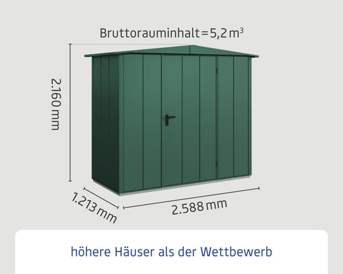 Abbildung eines Gerätehauses mit den Maßen 2160 mm Höhe, 1213 mm Tiefe und 2588 mm Breite