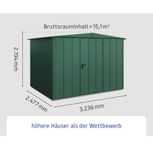 Gartenschuppen aus Metall mit den Maßen 2194 Millimeter Höhe, 2477 Millimeter Tiefe und 3236 Millimeter Breite