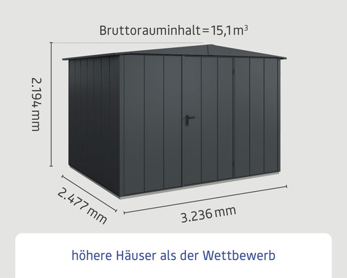 Geräteschuppen mit den Massen 2194 mm Höhe, 2477 mm Breite und 3236 mm Länge