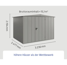 Metall Gartenhaus mit den Maßen 2194 Millimeter Höhe, 2477 Millimeter Tiefe und 3236 Millimeter Breite