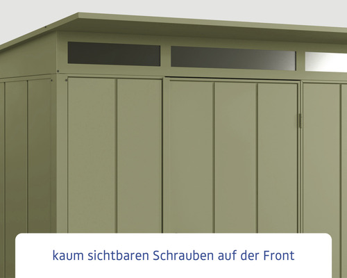 Detailansicht eines Gartenhauses mit kaum sichtbaren Schrauben auf der Vorderseite