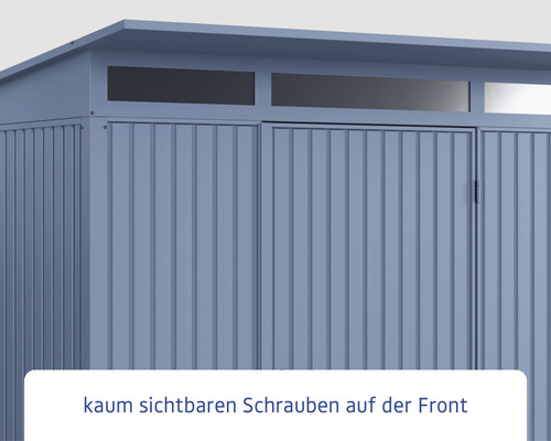 Detailansicht eines Gerätehauses aus Metall mit kaum sichtbaren Schrauben auf der Vorderseite