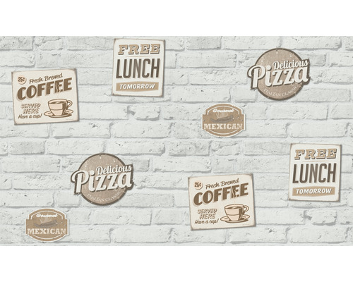 Tapete mit Steinmuster und Aufdrucken von Kaffee, Pizza, mexikanischen Gerichten und kostenlosem Mittagessen
