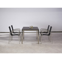 Quadratischer Gartentisch mit vier Stühlen aus Metall und Textil