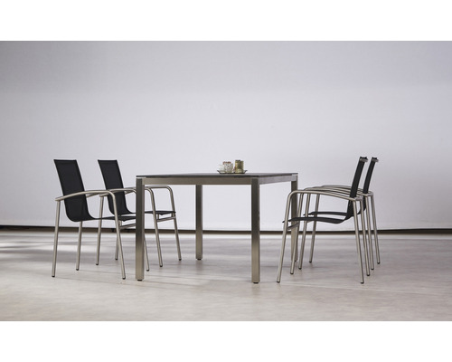 Esstisch mit vier Stühlen für den Außenbereich mit Metallrahmen und Textilbespannung