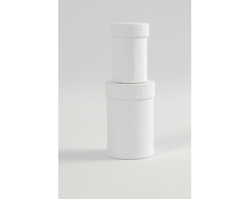 Zwei runde, weiße Papphocker sind übereinander gestapelt.