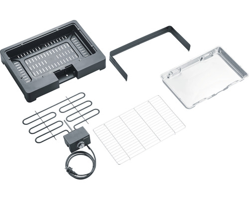 Einzelteile eines elektrischen Tischgrills: Grillwanne, Heizelement, Grillrost, Fettauffangschale und Griff