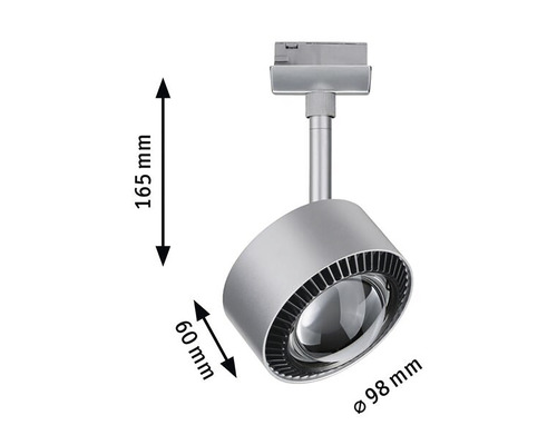 Silberfarbene Schienenleuchte mit Abmessungen 165 mm Höhe, 60 mm Tiefe und 98 mm Durchmesser