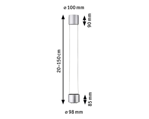 Technische Zeichnung einer Lampe mit den Maßen: Durchmesser 100 Millimeter, Höhe 90 Millimeter, Durchmesser 98 Millimeter, Höhe 85 Millimeter, Länge 20 bis 150 Zentimeter.