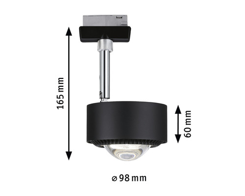 Schienenstrahler mit den Maßen 165 mm Höhe, 60 mm Tiefe und 98 mm Durchmesser.