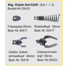 Vierteiliges Köpfe Set G200 mit Frässpitze, Rückholkopf, glattem Gabelschneidkopf und Gabelschneidkopf