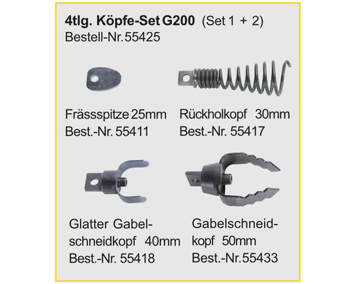 Vierteiliges Köpfe Set G200 mit Frässpitze, Rückholkopf, glattem Gabelschneidkopf und Gabelschneidkopf