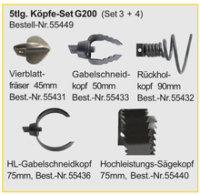Fünf-teiliges Kopf-Set G200 mit Vierblattfräser, Gabelschneidkopf, Rückholkopf und Hochleistungs-Sägekopf