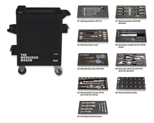 Werkzeugwagen mit verschiedenen Werkzeugmodulen, inklusive Schraubenschlüsseln, Schraubendrehern, Hammer, Meißel und Zangen.