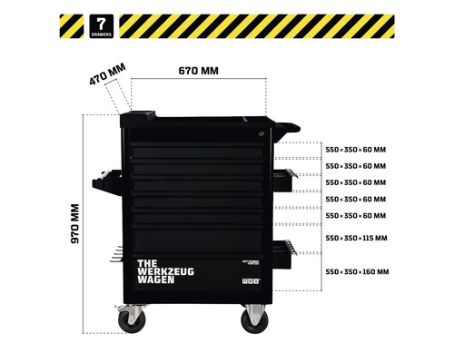 Werkzeugwagen mit sieben Schubladen und Maßangaben