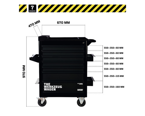 Abbildung eines Werkzeugwagens mit sieben Schubladen und Maßangaben.