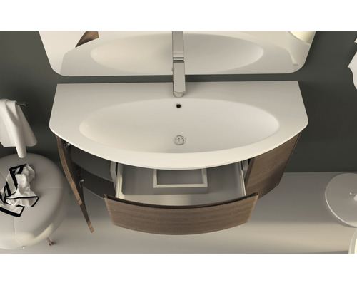 Badezimmer Waschtisch mit geöffneter Schublade, Waschbecken und Armatur in einem modernen Badezimmer