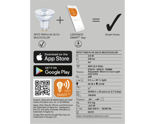 Produktinformationen: PAR16 50 GU10 Mehrfarbiger LED Spot, Smartphone App Kompatibilität, Smart Home Funktion
