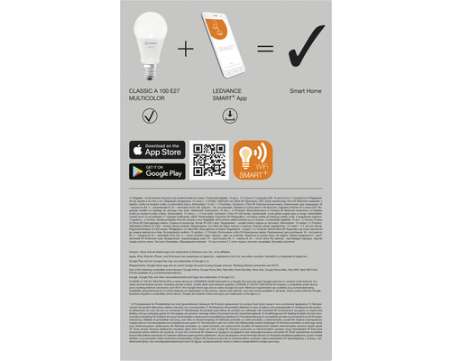 LEDVANCE Smart Home: LED Lampe, Smartphone App, Download-Symbol und Haken-Symbol.