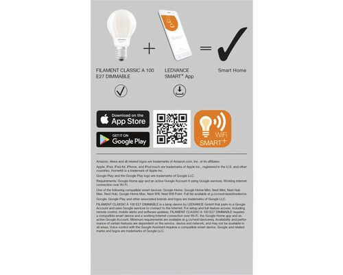 Grafik, die eine dimmbare Filament Classic A 100 E27 Glühbirne, die Ledvance Smart Plus App und ein Smart Home Symbol zeigt