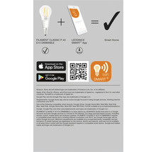 Produktinformationen zur LEDVANCE Filament Classic P 40 E14 dimmbare Lampe und der zugehörigen Smart Plus App für Smart Home Anwendungen