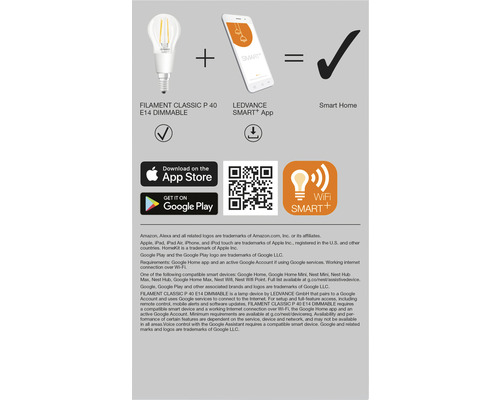 Produktinformationen zur LEDVANCE Filament Classic P 40 E14 dimmbare Lampe und der zugehörigen Smart Plus App für Smart Home Anwendungen