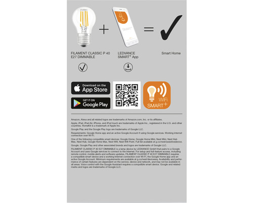 Produktinformationen zur LEDVANCE Smart Home Filament Classic P 40 E27 Dimmable Lampe und der LEDVANCE Smart+ App
