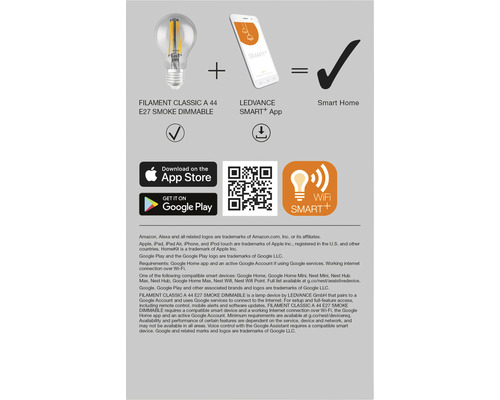 Filament Classic A 44 E27 Smoke dimmable plus LEDVANCE Smart Plus App gleich Smart Home